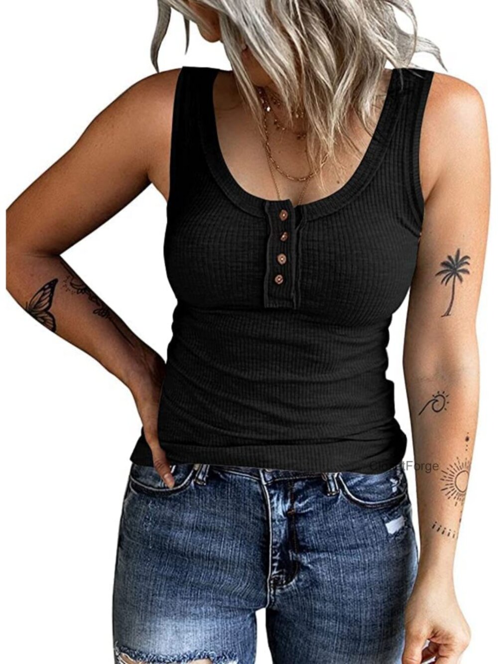 Women's Sleeveless Henley Tank Top Ribbed Knit Button Down T-Shirt Summer
